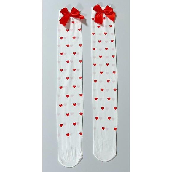 White Red Heart Bow Knee High Thigh High Socks Stockings Hosiery Lingerie ❤️✨ - Picture 1 of 4